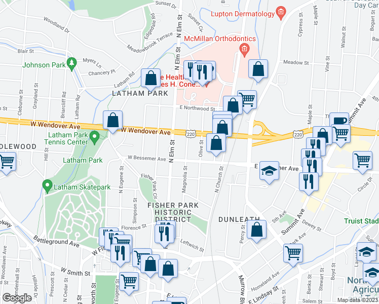 map of restaurants, bars, coffee shops, grocery stores, and more near 1106 Magnolia Street in Greensboro
