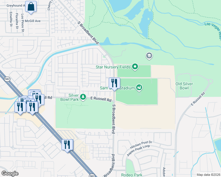 map of restaurants, bars, coffee shops, grocery stores, and more near 5596 Prospectors Creek Way in Las Vegas