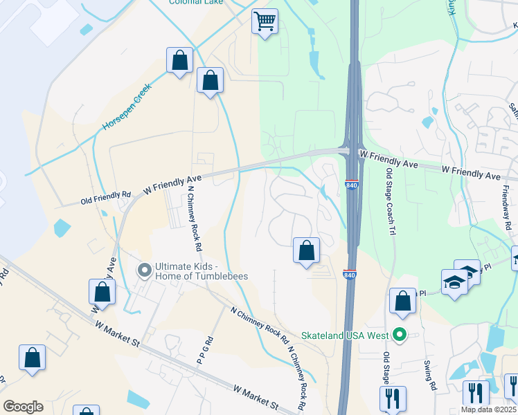 map of restaurants, bars, coffee shops, grocery stores, and more near 7125 West Friendly Avenue in Greensboro