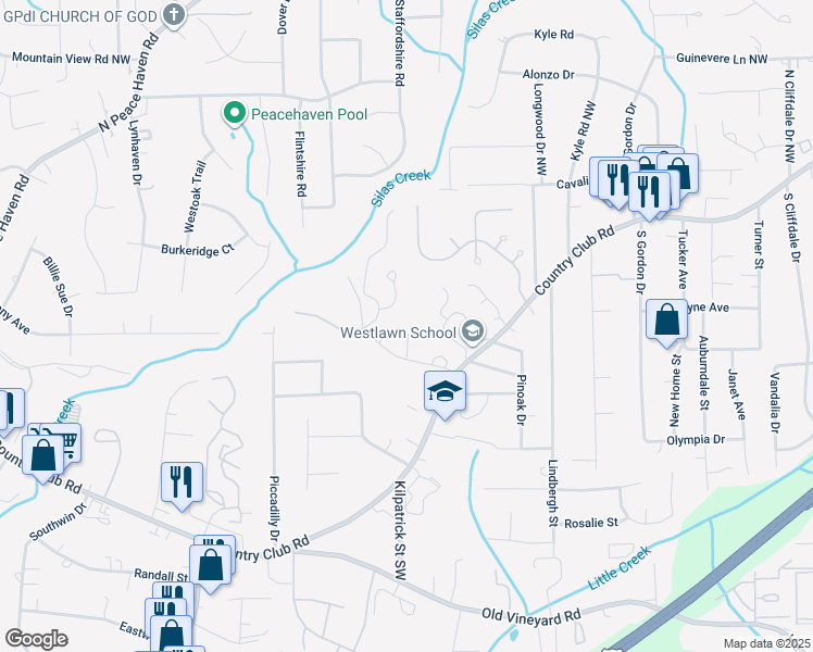 map of restaurants, bars, coffee shops, grocery stores, and more near 236 Ridge Forest Court in Winston-Salem