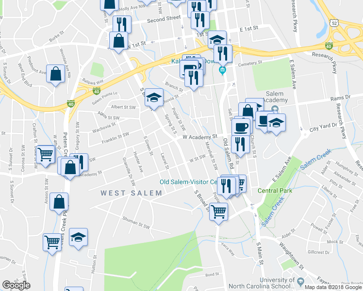 map of restaurants, bars, coffee shops, grocery stores, and more near 611 South Broad Street in Winston-Salem