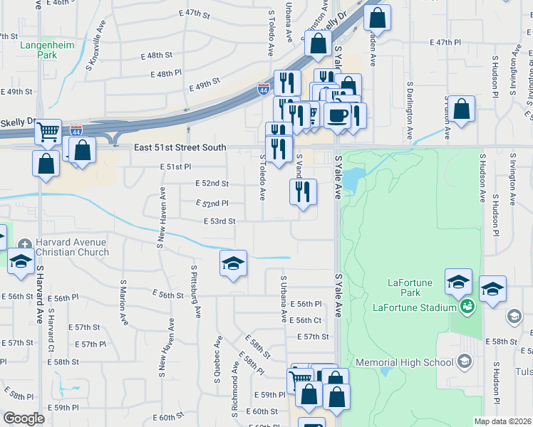 map of restaurants, bars, coffee shops, grocery stores, and more near 5243 South Toledo Avenue in Tulsa