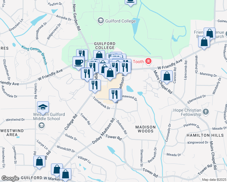 map of restaurants, bars, coffee shops, grocery stores, and more near 603 Dolley Madison Road in Greensboro