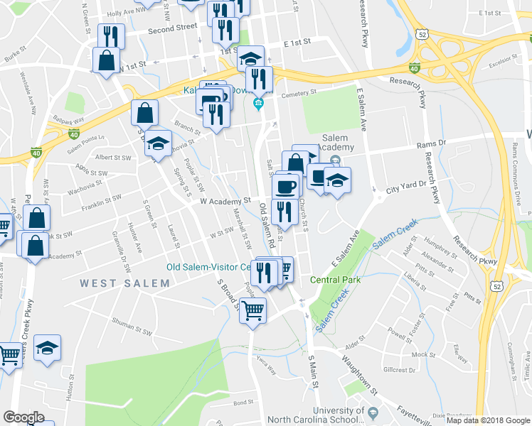 map of restaurants, bars, coffee shops, grocery stores, and more near Old Salem Road in Winston-Salem
