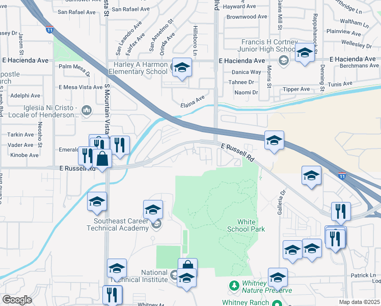 map of restaurants, bars, coffee shops, grocery stores, and more near 4895 East Russell Road in Las Vegas