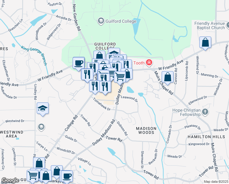 map of restaurants, bars, coffee shops, grocery stores, and more near 603 Dolley Madison Road in Greensboro