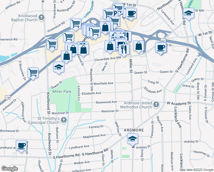 map of restaurants, bars, coffee shops, grocery stores, and more near 2317 Westfield Avenue in Winston-Salem