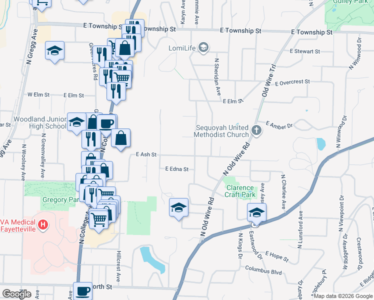 map of restaurants, bars, coffee shops, grocery stores, and more near 1905 North Austin Drive in Fayetteville