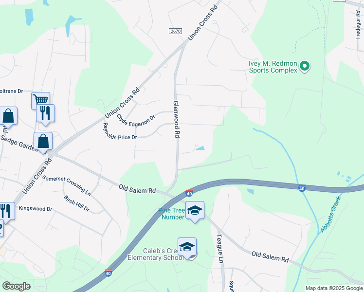 map of restaurants, bars, coffee shops, grocery stores, and more near 1371 Glenwood Road in Kernersville