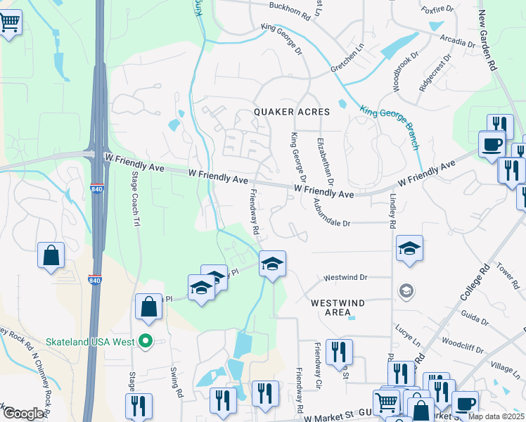 map of restaurants, bars, coffee shops, grocery stores, and more near 636 Friendway Road in Greensboro