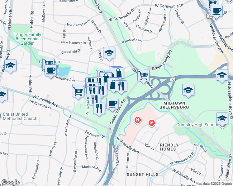 map of restaurants, bars, coffee shops, grocery stores, and more near 816 Friendly Center Road in Greensboro
