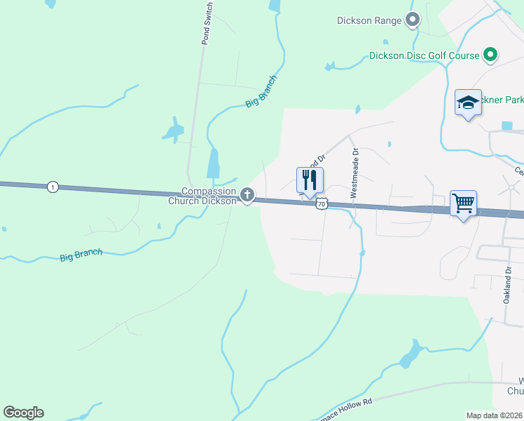 map of restaurants, bars, coffee shops, grocery stores, and more near 3511 U.S. 70 in Dickson