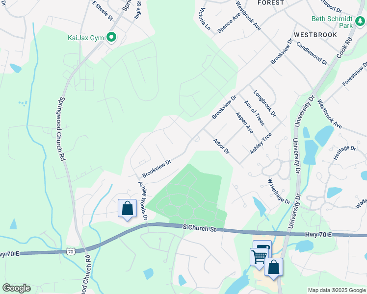 map of restaurants, bars, coffee shops, grocery stores, and more near 1205 Brookview Drive in Elon