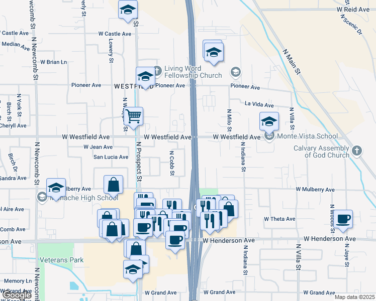 map of restaurants, bars, coffee shops, grocery stores, and more near 1146 San Carlos Street in Porterville