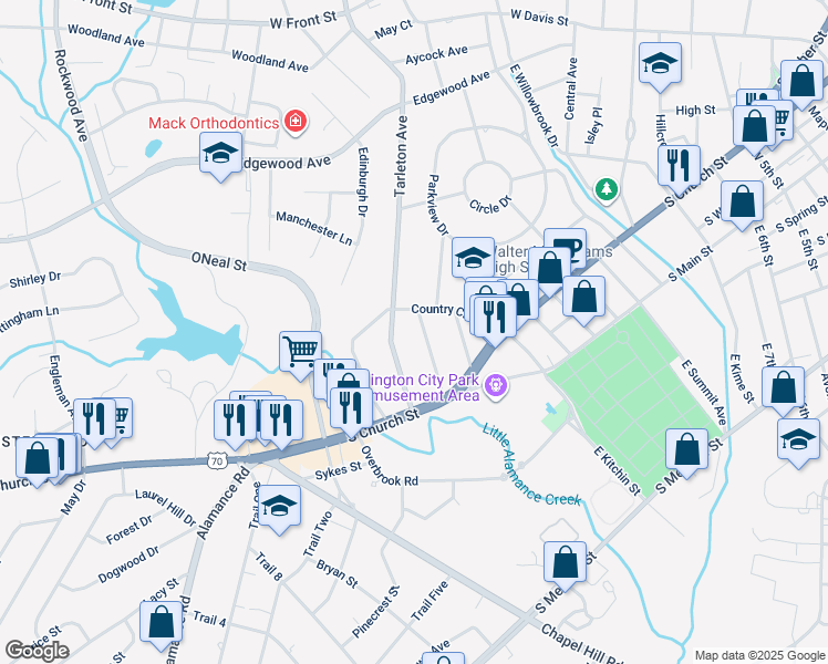 map of restaurants, bars, coffee shops, grocery stores, and more near 418 Country Club Drive in Burlington