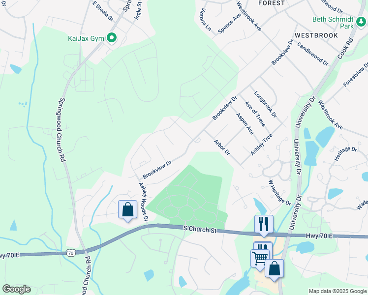 map of restaurants, bars, coffee shops, grocery stores, and more near 1205 Brookview Drive in Elon