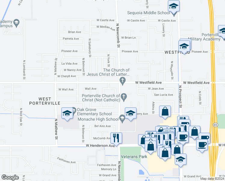map of restaurants, bars, coffee shops, grocery stores, and more near 1641 West Wall Lane in Porterville