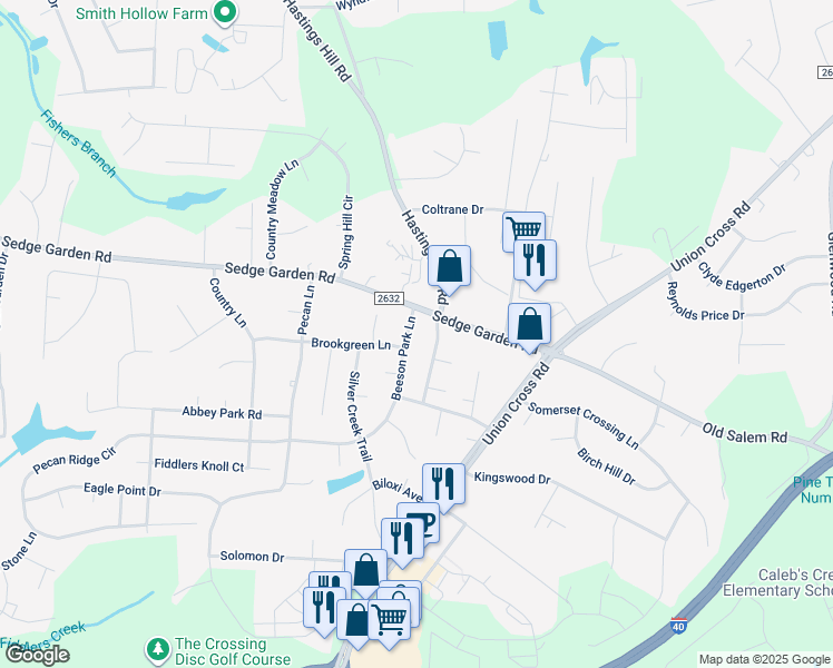 map of restaurants, bars, coffee shops, grocery stores, and more near 1535 Beeson Park Lane in Kernersville