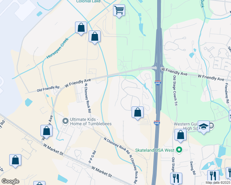 map of restaurants, bars, coffee shops, grocery stores, and more near 7125 West Friendly Avenue in Greensboro