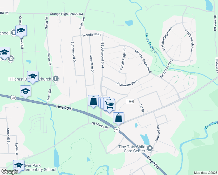 map of restaurants, bars, coffee shops, grocery stores, and more near 307 Bartlett Circle in Hillsborough