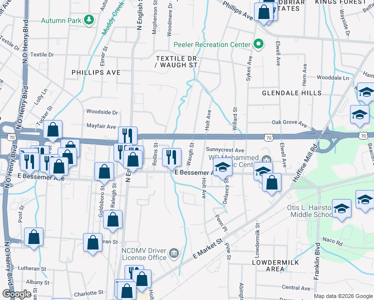 map of restaurants, bars, coffee shops, grocery stores, and more near 621 Waugh Street in Greensboro