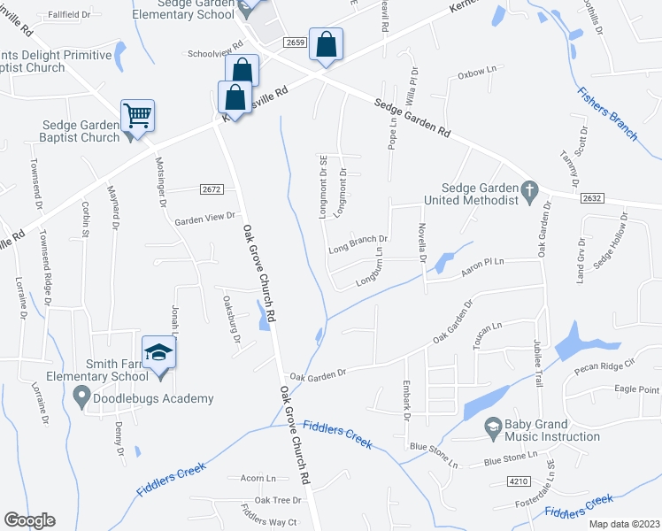 map of restaurants, bars, coffee shops, grocery stores, and more near 2071 Longburn Drive in Kernersville