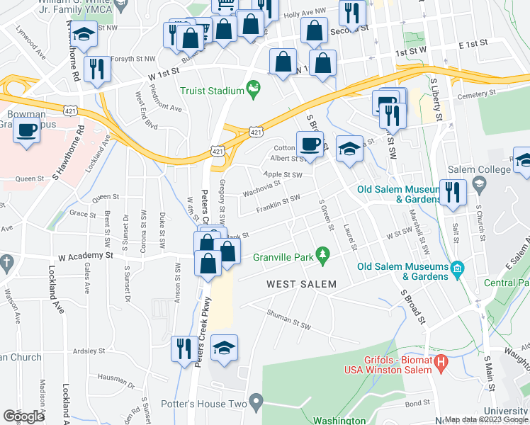 map of restaurants, bars, coffee shops, grocery stores, and more near 1034 Franklin Street Southwest in Winston-Salem