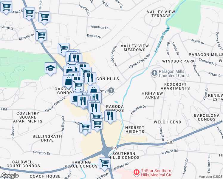 map of restaurants, bars, coffee shops, grocery stores, and more near 522 Paragon Mills Road in Nashville
