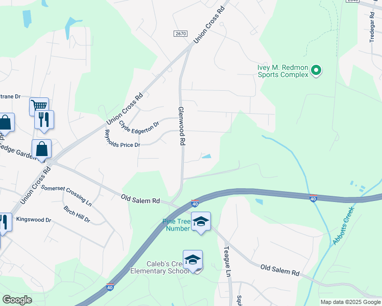 map of restaurants, bars, coffee shops, grocery stores, and more near 1371 Glenwood Road in Kernersville