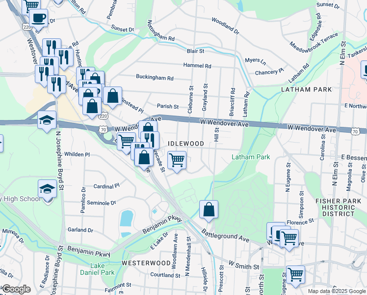 map of restaurants, bars, coffee shops, grocery stores, and more near in Greensboro
