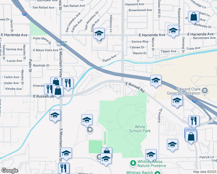map of restaurants, bars, coffee shops, grocery stores, and more near 4895 East Russell Road in Las Vegas