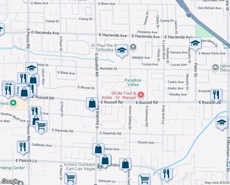 map of restaurants, bars, coffee shops, grocery stores, and more near 3910 East Russell Road in Las Vegas