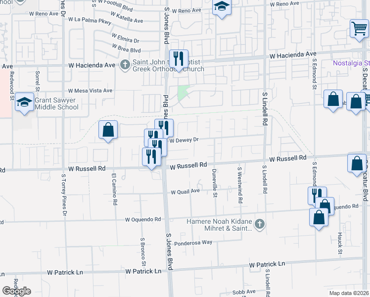 map of restaurants, bars, coffee shops, grocery stores, and more near 6003 West Dewey Drive in Las Vegas