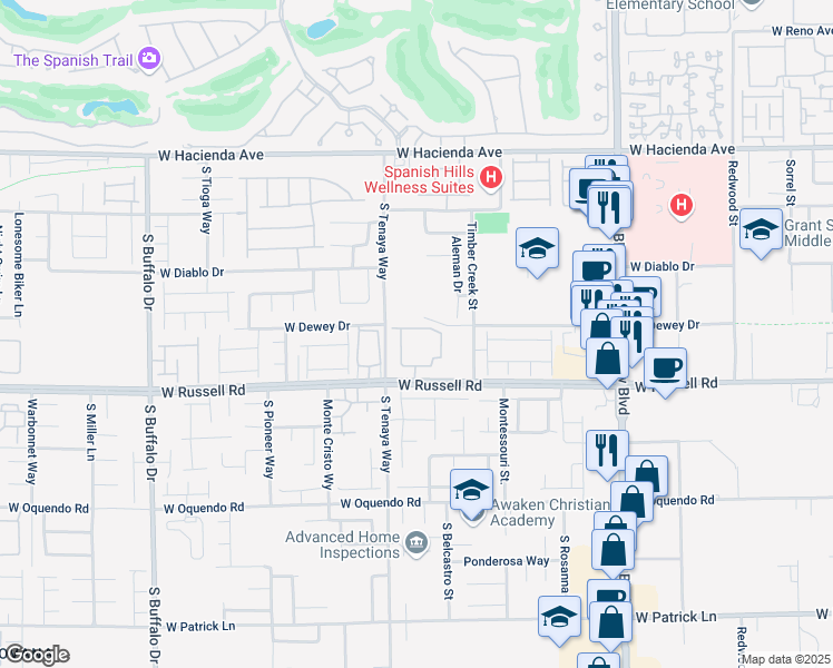 map of restaurants, bars, coffee shops, grocery stores, and more near 7340 West Russell Road in Las Vegas