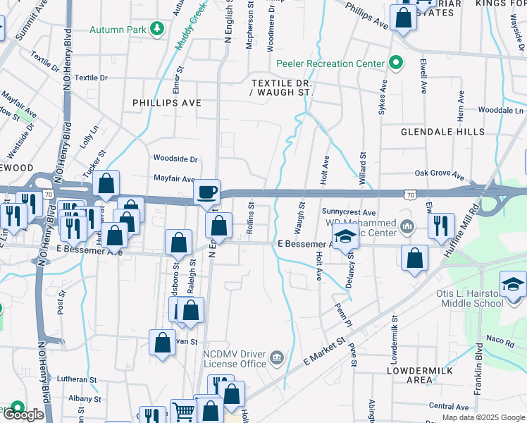 map of restaurants, bars, coffee shops, grocery stores, and more near 2507 Pinnix Street in Greensboro