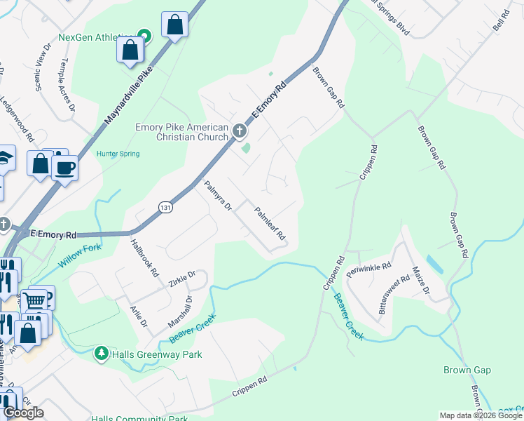 map of restaurants, bars, coffee shops, grocery stores, and more near 7344 Palmleaf Road in Knoxville