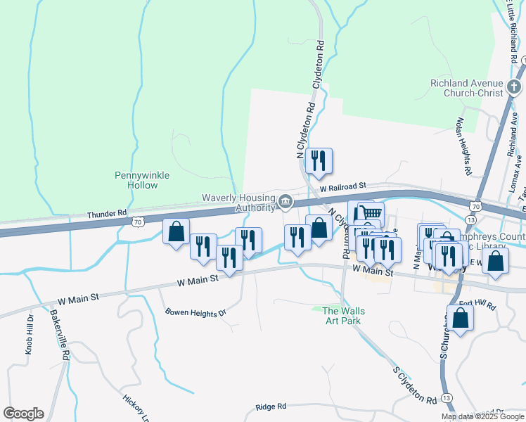 map of restaurants, bars, coffee shops, grocery stores, and more near 116 Guy Barnett Drive in Waverly