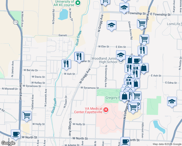 map of restaurants, bars, coffee shops, grocery stores, and more near 269 West Miller Street in Fayetteville