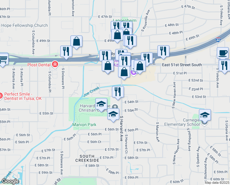 map of restaurants, bars, coffee shops, grocery stores, and more near 5200 S Harvard Ave in Tulsa