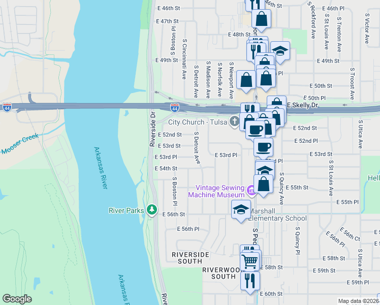 map of restaurants, bars, coffee shops, grocery stores, and more near 62 East 53rd Street in Tulsa