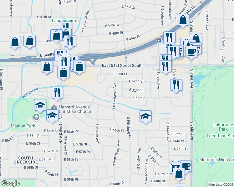 map of restaurants, bars, coffee shops, grocery stores, and more near 5239 South New Haven Avenue in Tulsa