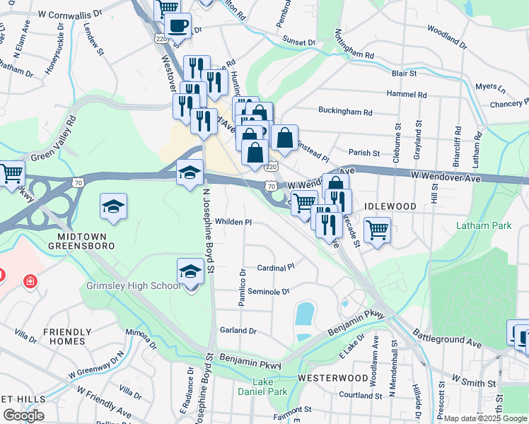 map of restaurants, bars, coffee shops, grocery stores, and more near 1214 Pamlico Drive in Greensboro
