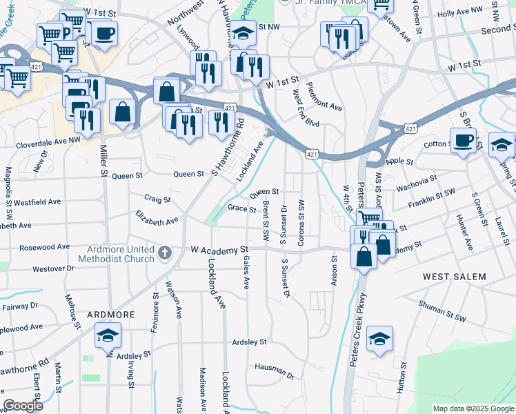 map of restaurants, bars, coffee shops, grocery stores, and more near 413 Brent Street in Winston-Salem