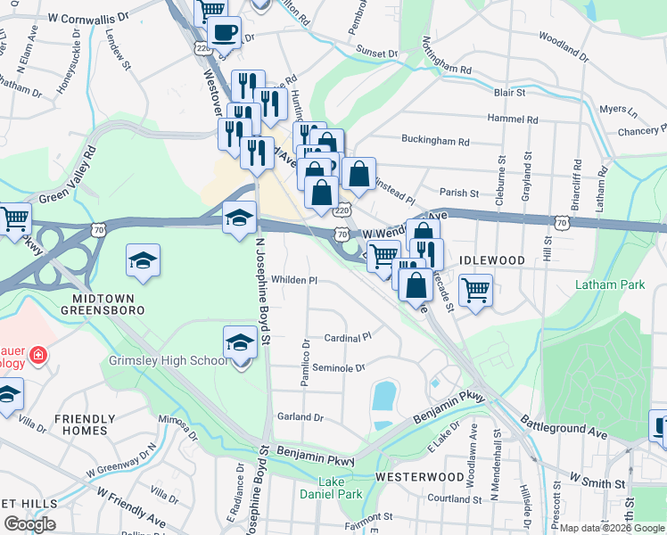 map of restaurants, bars, coffee shops, grocery stores, and more near 1214 Pamlico Drive in Greensboro