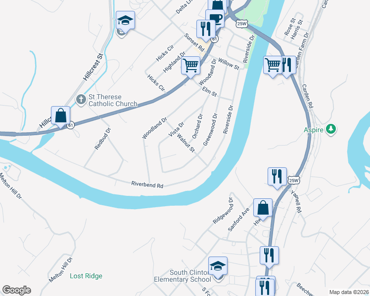 map of restaurants, bars, coffee shops, grocery stores, and more near 305 Walnut Street in Clinton