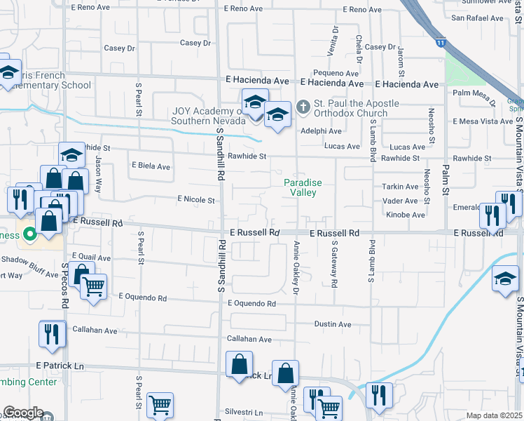 map of restaurants, bars, coffee shops, grocery stores, and more near 3910 East Russell Road in Las Vegas
