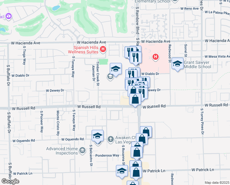 map of restaurants, bars, coffee shops, grocery stores, and more near 7058 Baza Avenue in Las Vegas