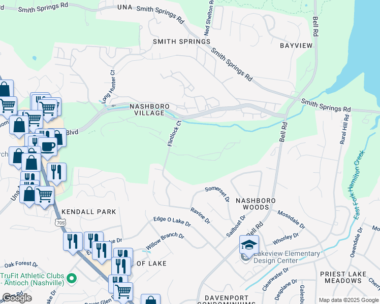 map of restaurants, bars, coffee shops, grocery stores, and more near 432 Flintlock Court in Nashville