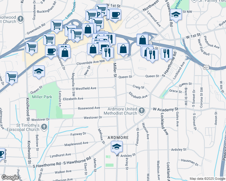 map of restaurants, bars, coffee shops, grocery stores, and more near 2200 Westfield Avenue in Winston-Salem