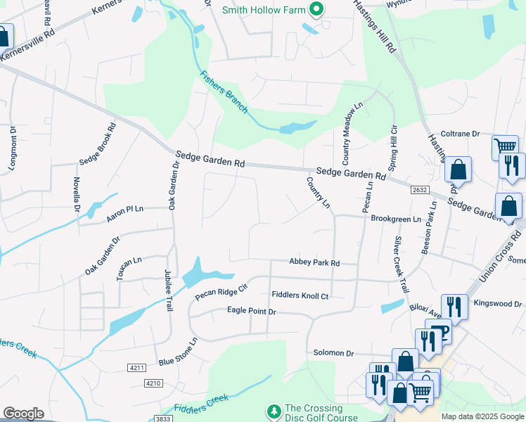 map of restaurants, bars, coffee shops, grocery stores, and more near 1494 Land Grove Drive in Kernersville